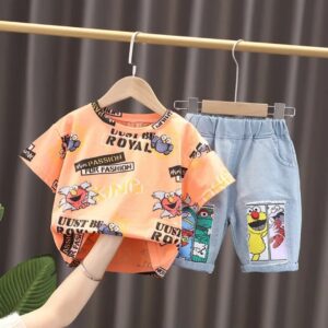 Summer Suit Printed Short Sleeve Set Cotton+Denim