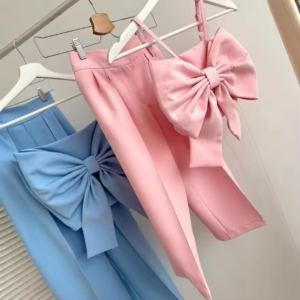 Strap Bow Top With Pants Two-Piece Set Cotton+Polyster