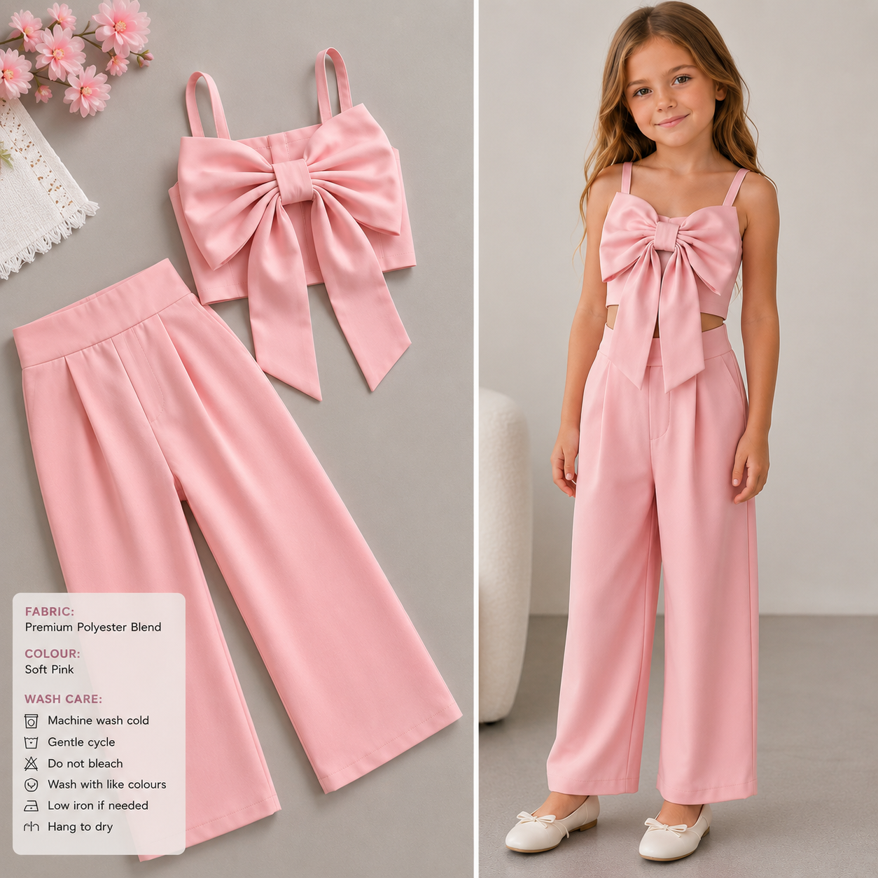 Strap Bow Top With Pants Two-Piece Set Cotton+Polyster - Image 2