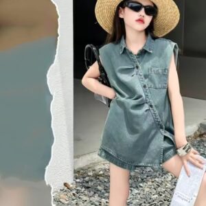 Teen Girl Retro Denim Sleeveless Shirt & Shorts Outfit Cotton