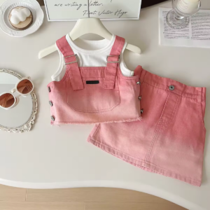 Sleeveless Vest Pink Soft Denim Skirts 3Pcs Set Cotton+Denim