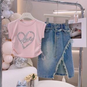 Trendy Top Jeans Skirt Two Pieces Set  Cotton+Denim